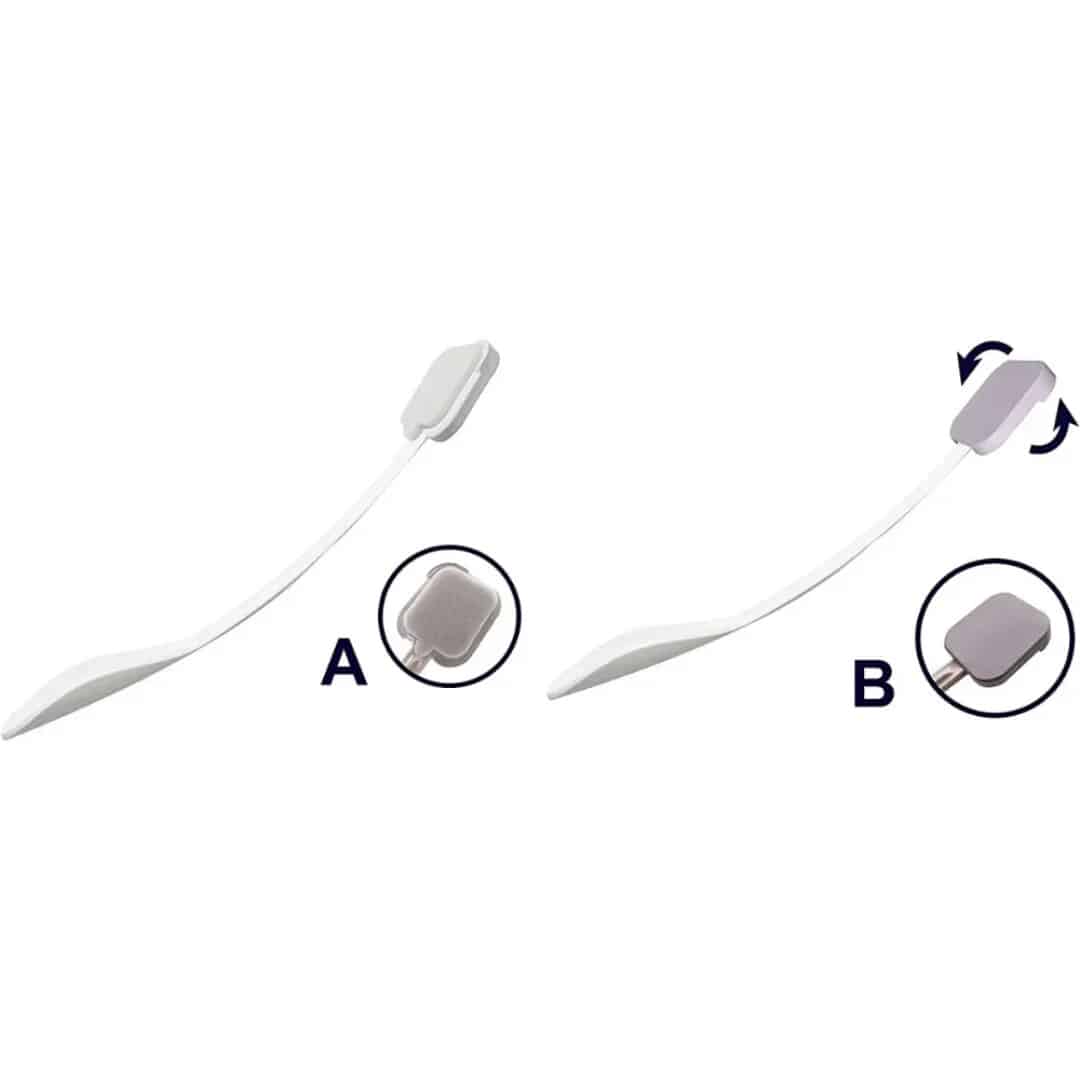 Applicator för ryggkräm Illustration som visar hur svampen på lotionapplicatorn sätts fast eller tas bort genom vridning.