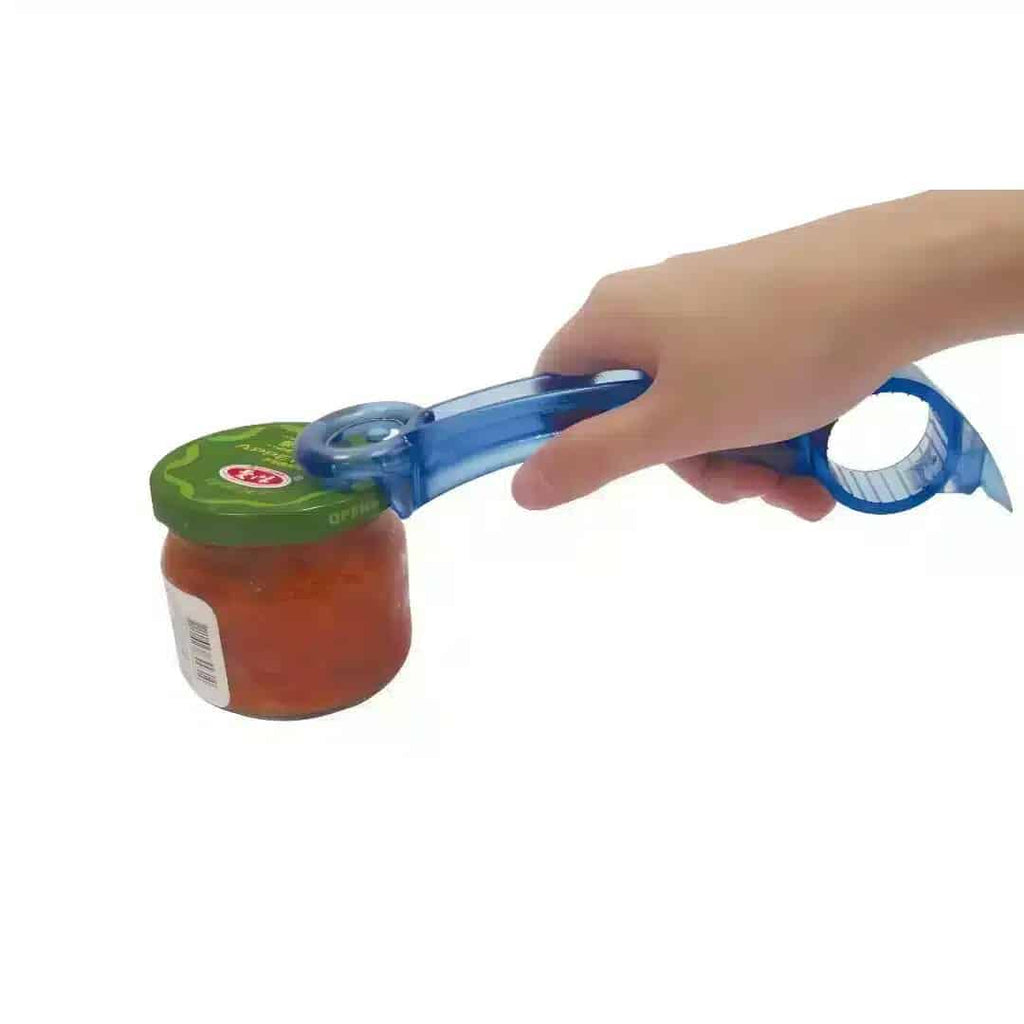 multi öppnare verktyg för köket används för att öppna ett skruvlock på en burk med ett ergonomiskt grepp.