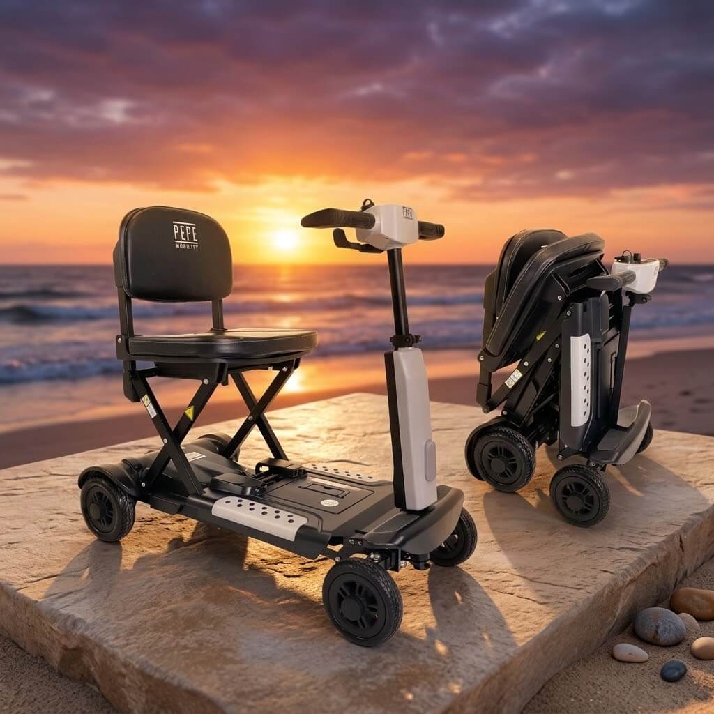 Vikbar promenadskoter PEPE vid havet med solnedgång, hopfällbar och eldriven förflyttning.