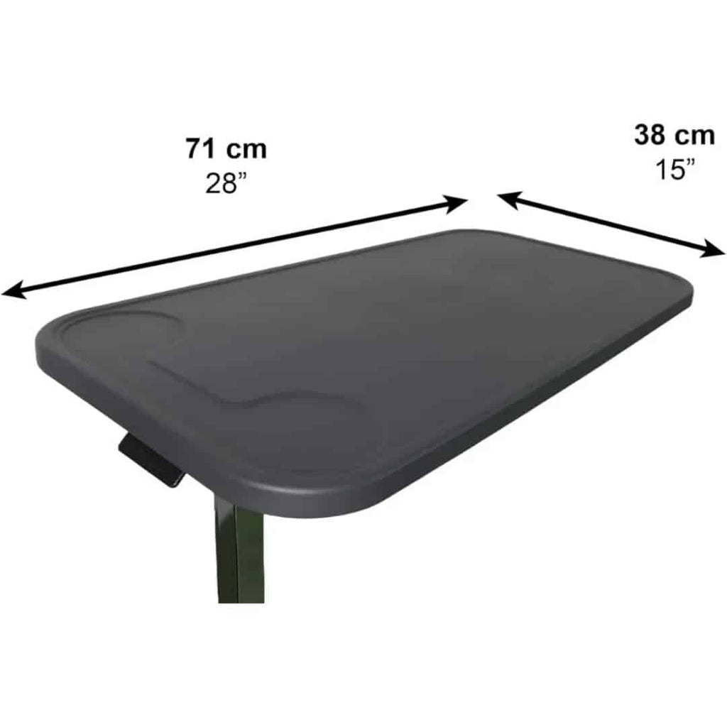 Höj och sänkbart rullbord med en bordsskiva på 71 × 38 cm, designad för flexibelt användande.