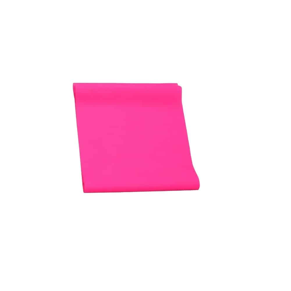 Motståndsband 120×15 cm rosa elastiskt träningsband av latexgummi för styrketräning och rehabilitering.