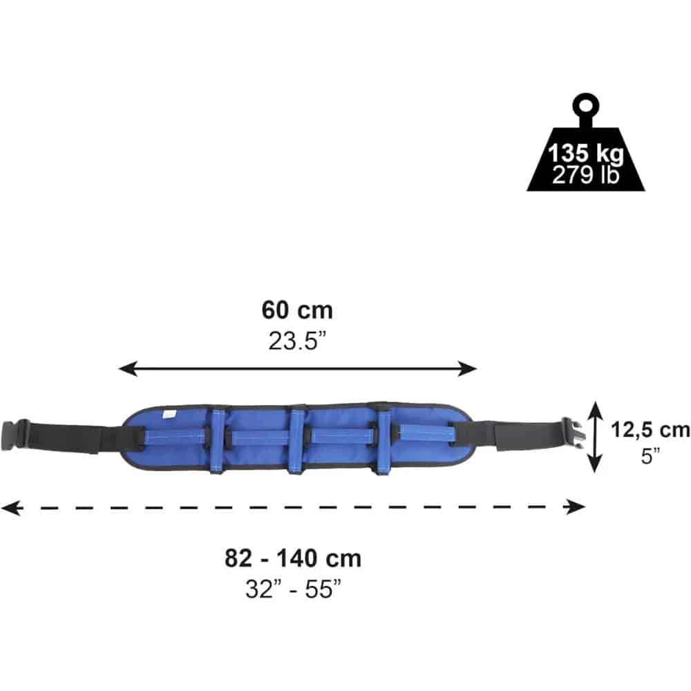 Transferbälte med 7 handtag Transferbälte med måttangivelser 60 x 12,5 cm och maxvikt 135 kg.