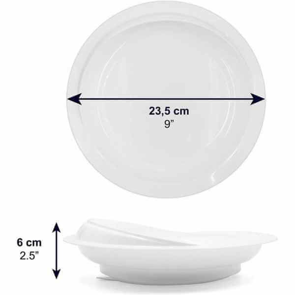 Tallrik med hög kant och sugkopp sett uppifrån, visar mått på 23,5 cm och 6 cm hög.