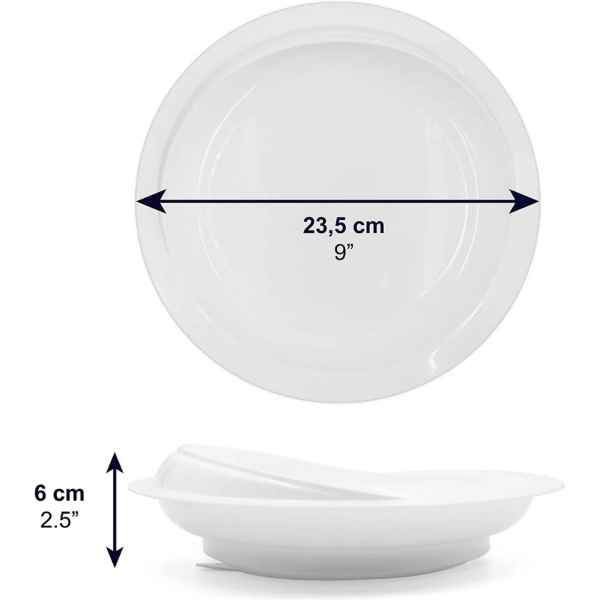 Tallrik med hög kant och sugkopp Vit tallrik med mått angivna