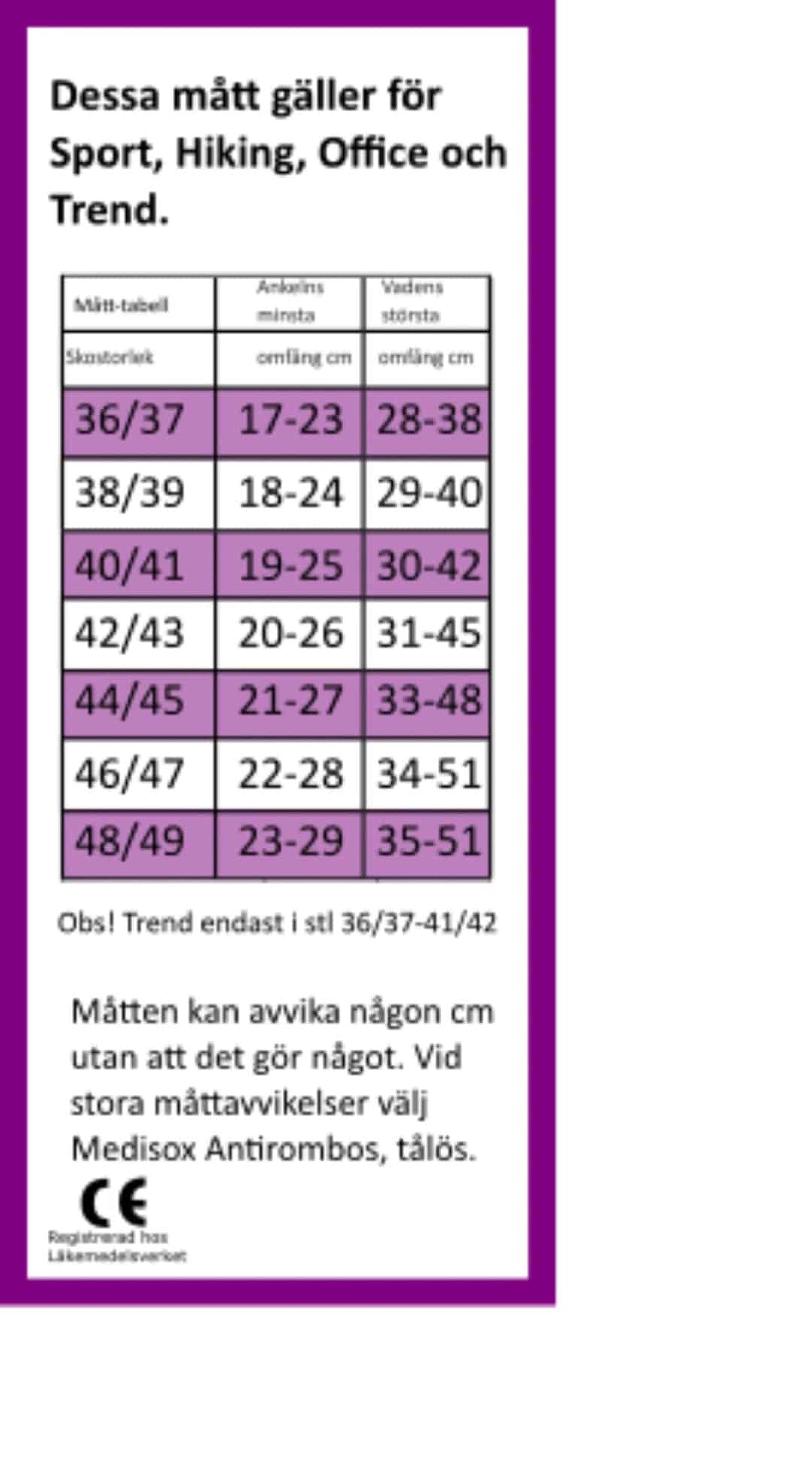 stödstrumpa office skinlife-36-37 vit – storlekstabell med ankel- och vadmått i cm