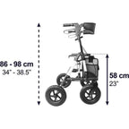 Rullator för terräng Rullator i profil med mått: höjdjusterbara handtag 86–98 cm och sitthöjd 58 cm
