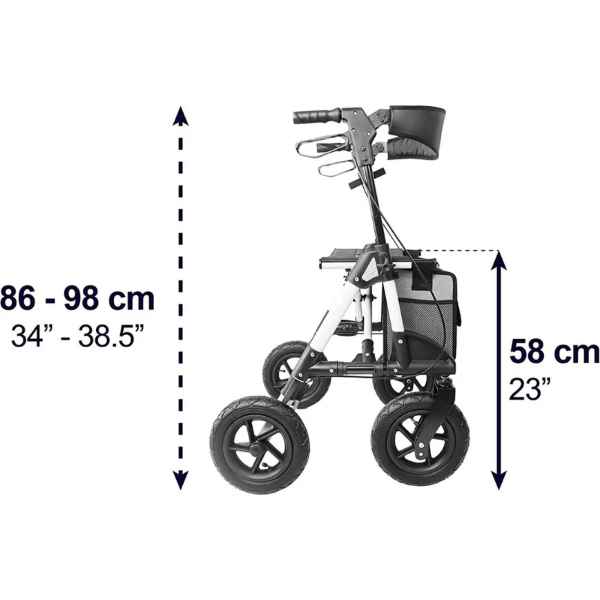 Rullator för terräng Rullator i profil med mått: höjdjusterbara handtag 86–98 cm och sitthöjd 58 cm