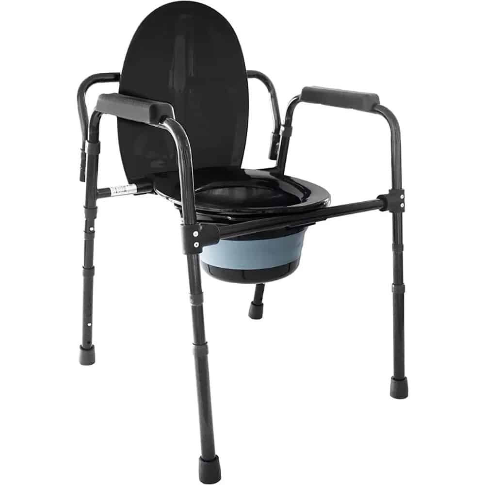 Portabel toalettstol med hink svart modell med armstöd och lock