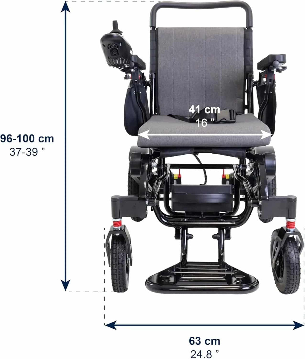 hopfällbar elektrisk rullstol K10075 sett framifrån med dimensioner för höjd och bredd angivna.