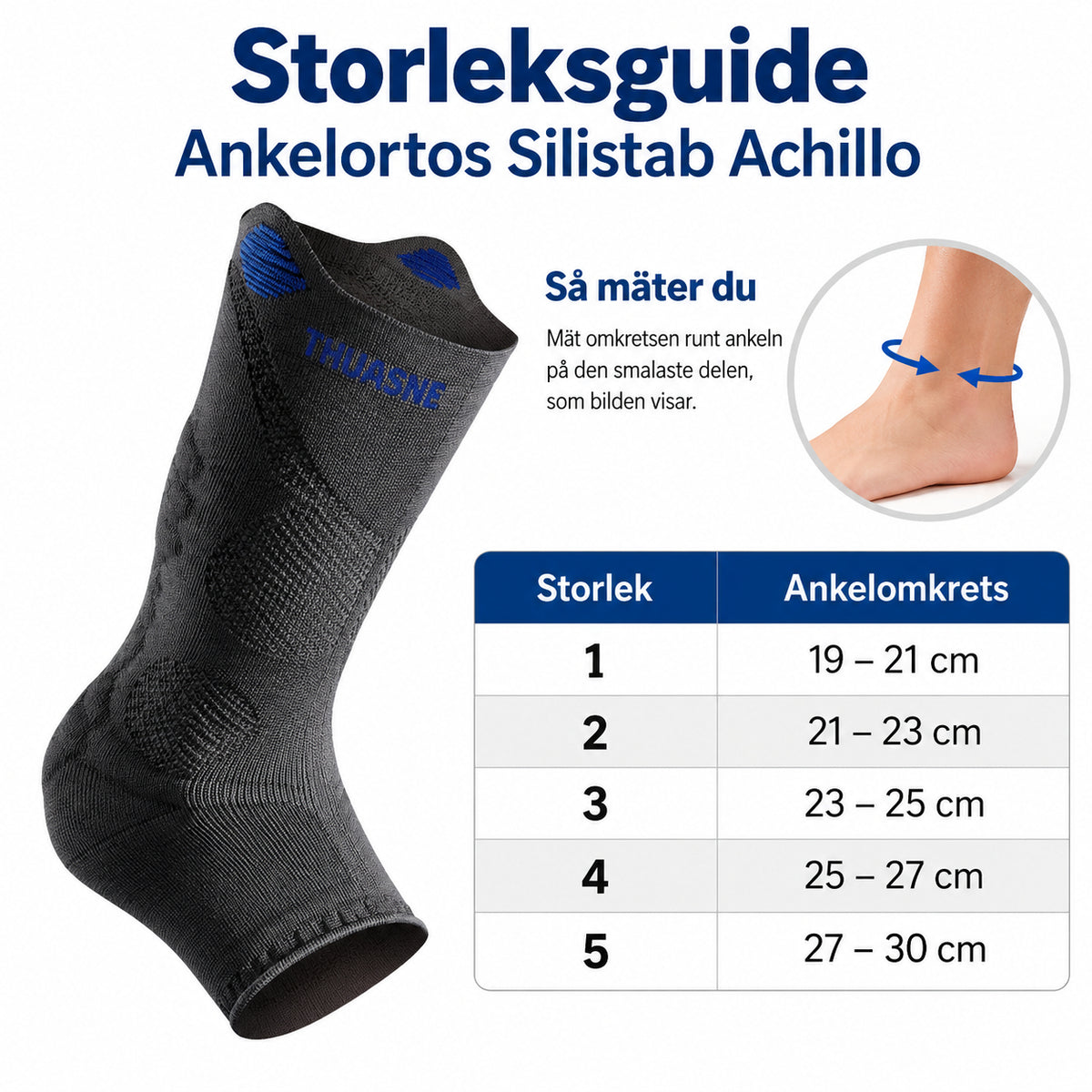 Storleksguide för Ankelortos Silistab Achillo med mått och storlekar för ortosen.