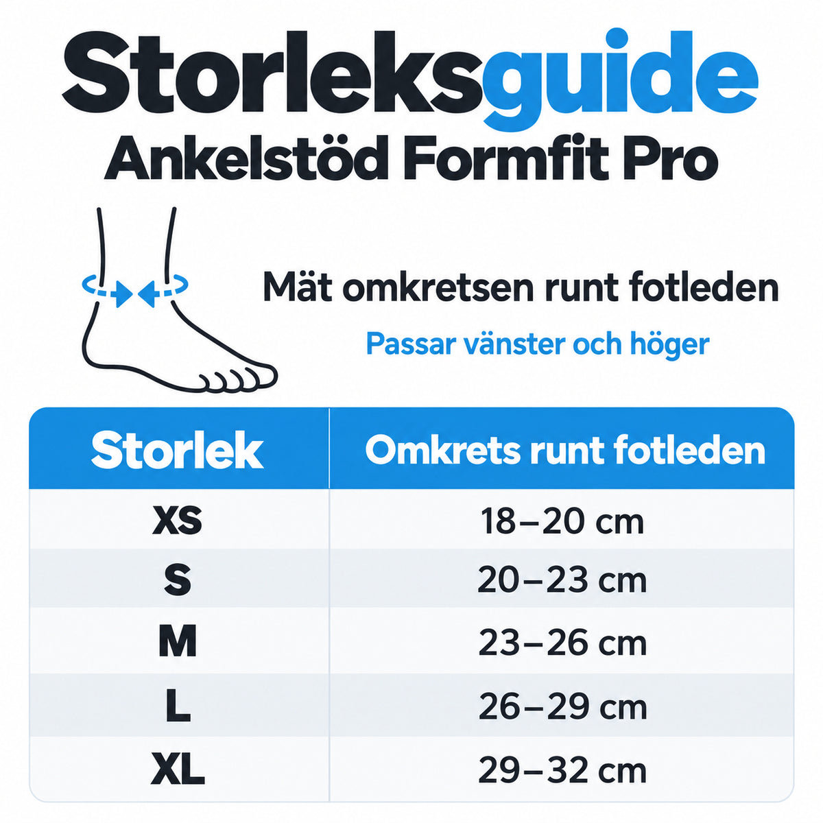 Storleksguide för Ankelstöd Formfit Pro med mått för fotledens omkrets.