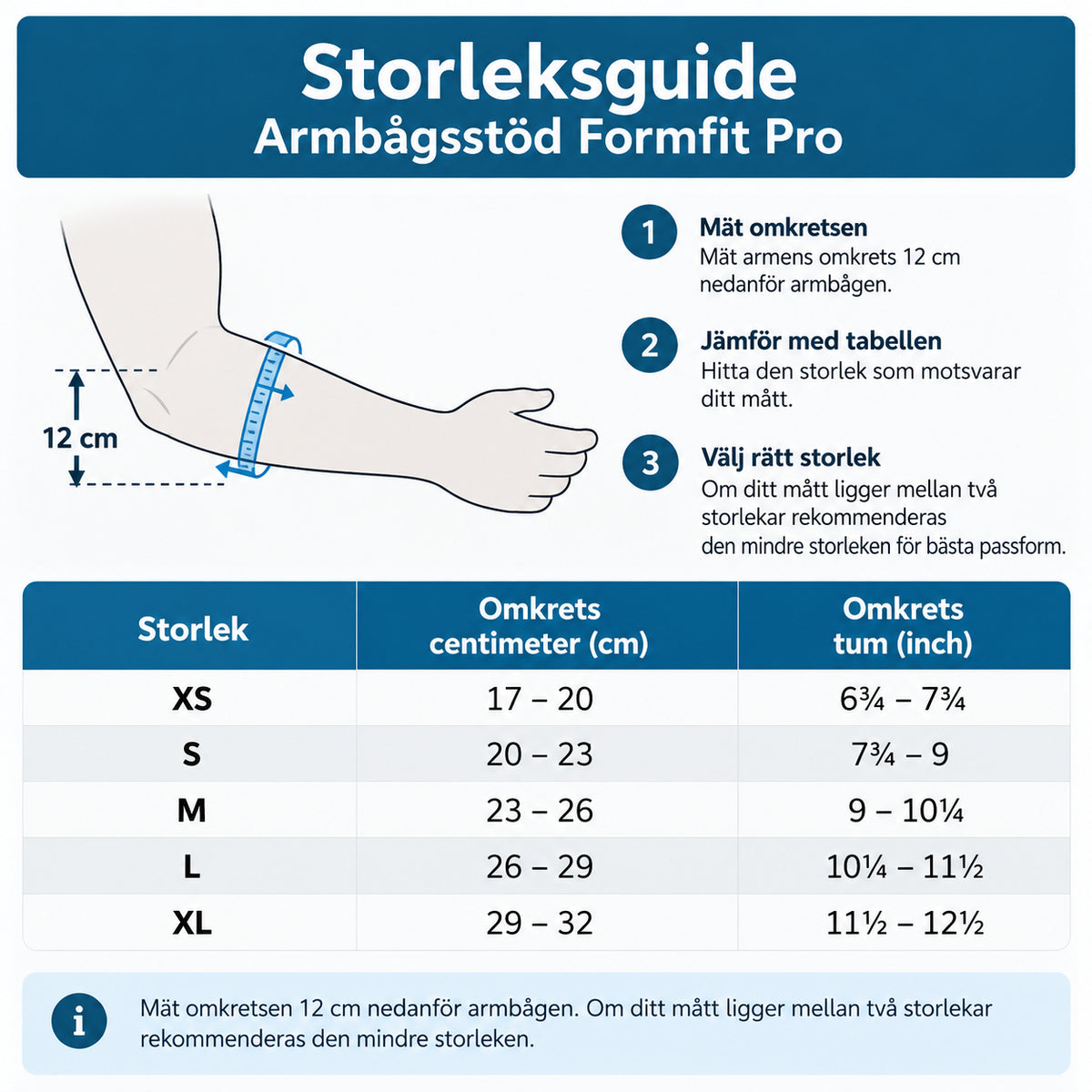 Storleksguide för Armbågsstöd Formfit Pro med rekommenderade mått och storlekar.