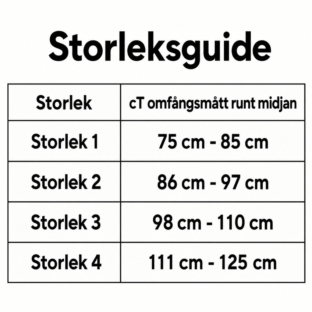 Storleksguide för bråckband vid ljumskbråck med mått för olika storlekar.