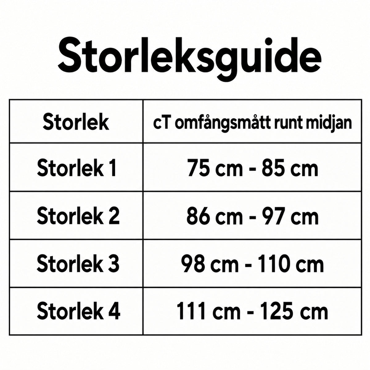 Storleksguide för bråckband vid ljumskbråck med mått för olika storlekar.