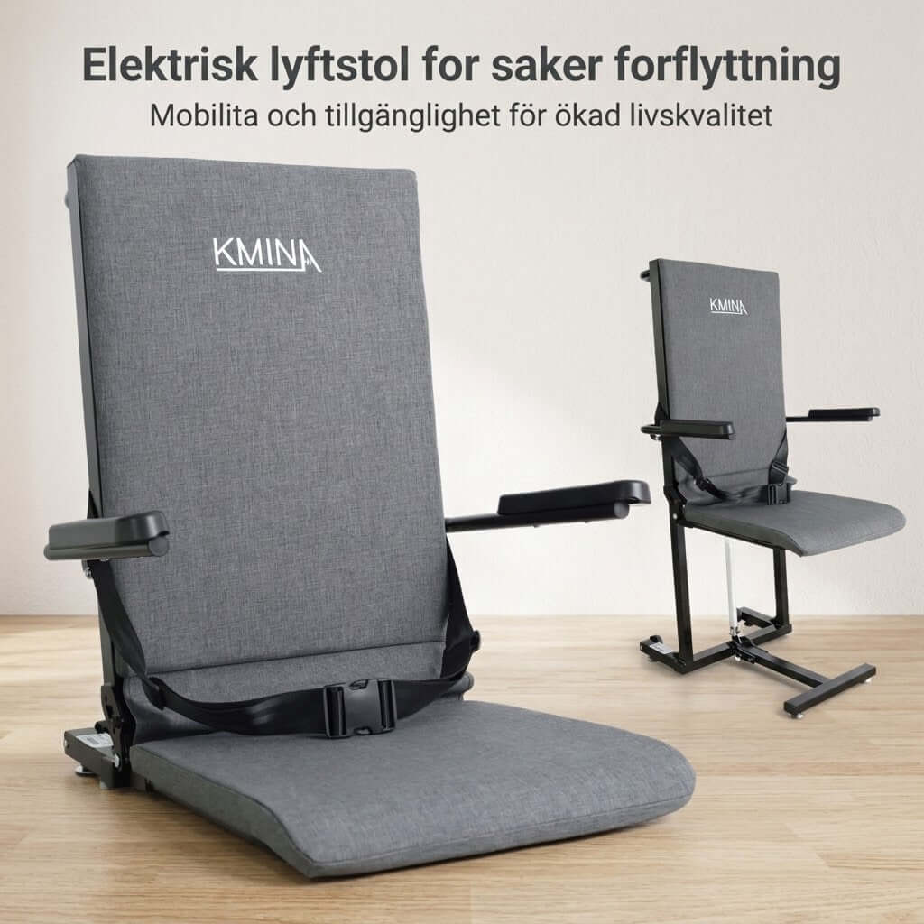 Elektrisk lyftstol för säker förflyttning med grå klädsel och stabil konstruktion.