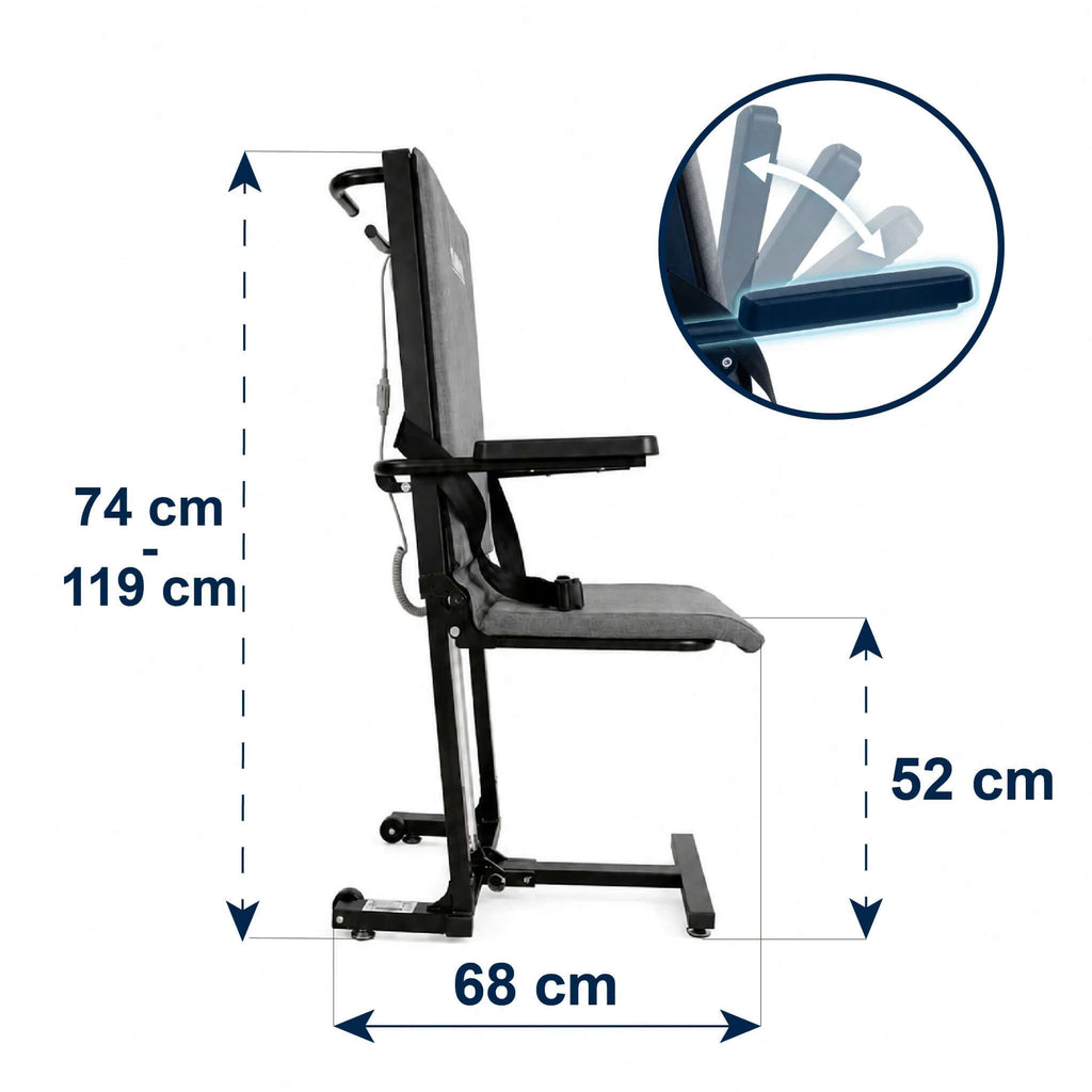 elektrisk lyftstol för säker förflyttning profilbild av lyftstolen med angivna mått 74 cm höjd och 68 cm bredd.