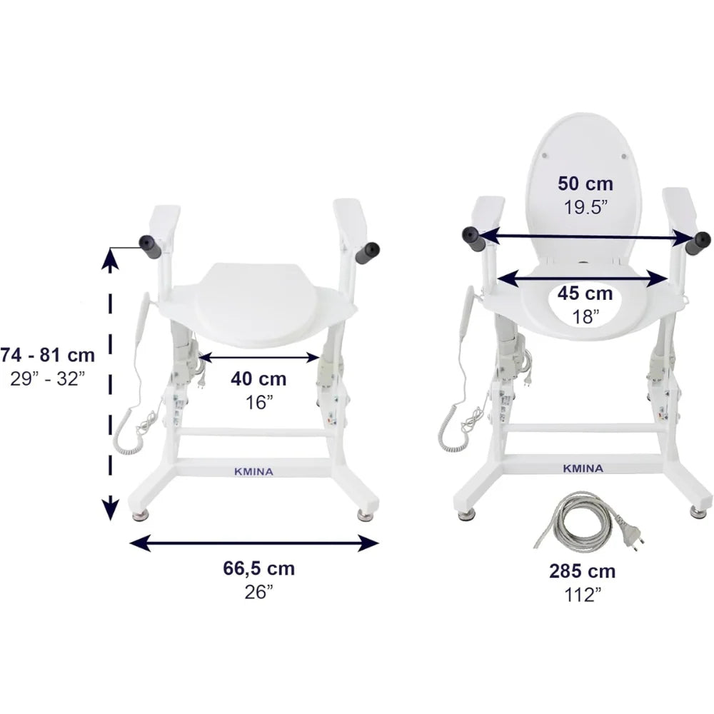 Mått och design av Elektrisk toalettsitsförhöjare Kmina med armstöd och manöverknappar.