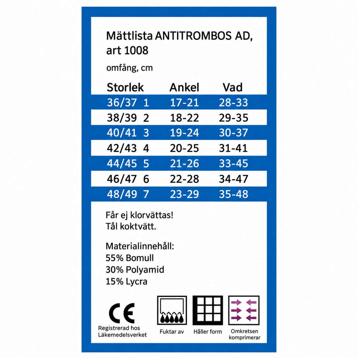Måttlista för Förbandsstrumpa. Natur med storlek och omfång, inklusive information om material och kompression.