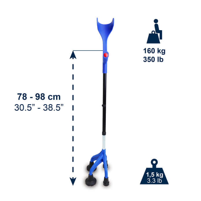 Fyrbent krycka i blått med höjdjustering 78-98 cm och stabil fyrbent bas för bättre balans.
