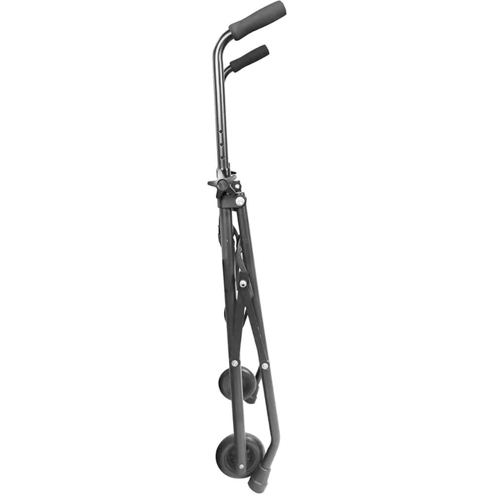 hopfällbart gåstativ med två hjul i hopfällt läge, med två hjul och ergonomiska handtag.