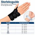 Handledsortos Alfa storleksguide med mått för handledsomkrets och storlekar XS till XXL.