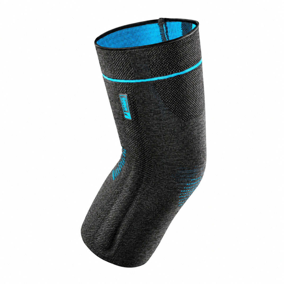 Knästöd Formfit Pro, ett högkvalitativt knästöd i svart med blå detaljer, designad för komfort och stöd.