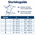 Storleksguide för Knästöd GenuPro Comfort med mått för a och b för korrekt passform.