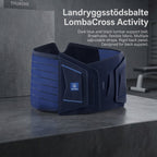 Ländryggsstödsbälte LombaCross Activity i mörkblå och svart färg, anatomiskt utformat för ryggstöd.