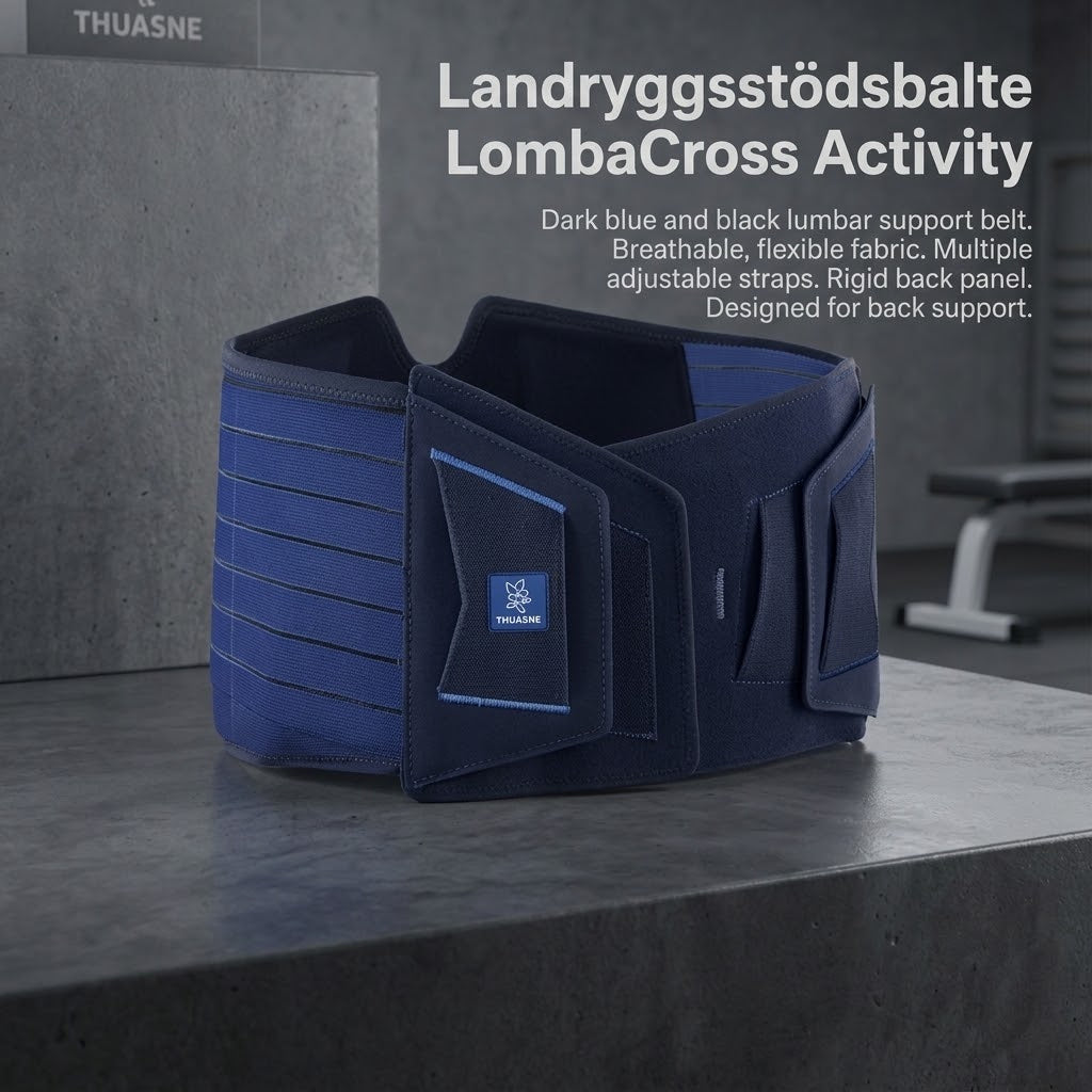 Ländryggsstödsbälte LombaCross Activity i mörkblå och svart färg, anatomiskt utformat för ryggstöd.