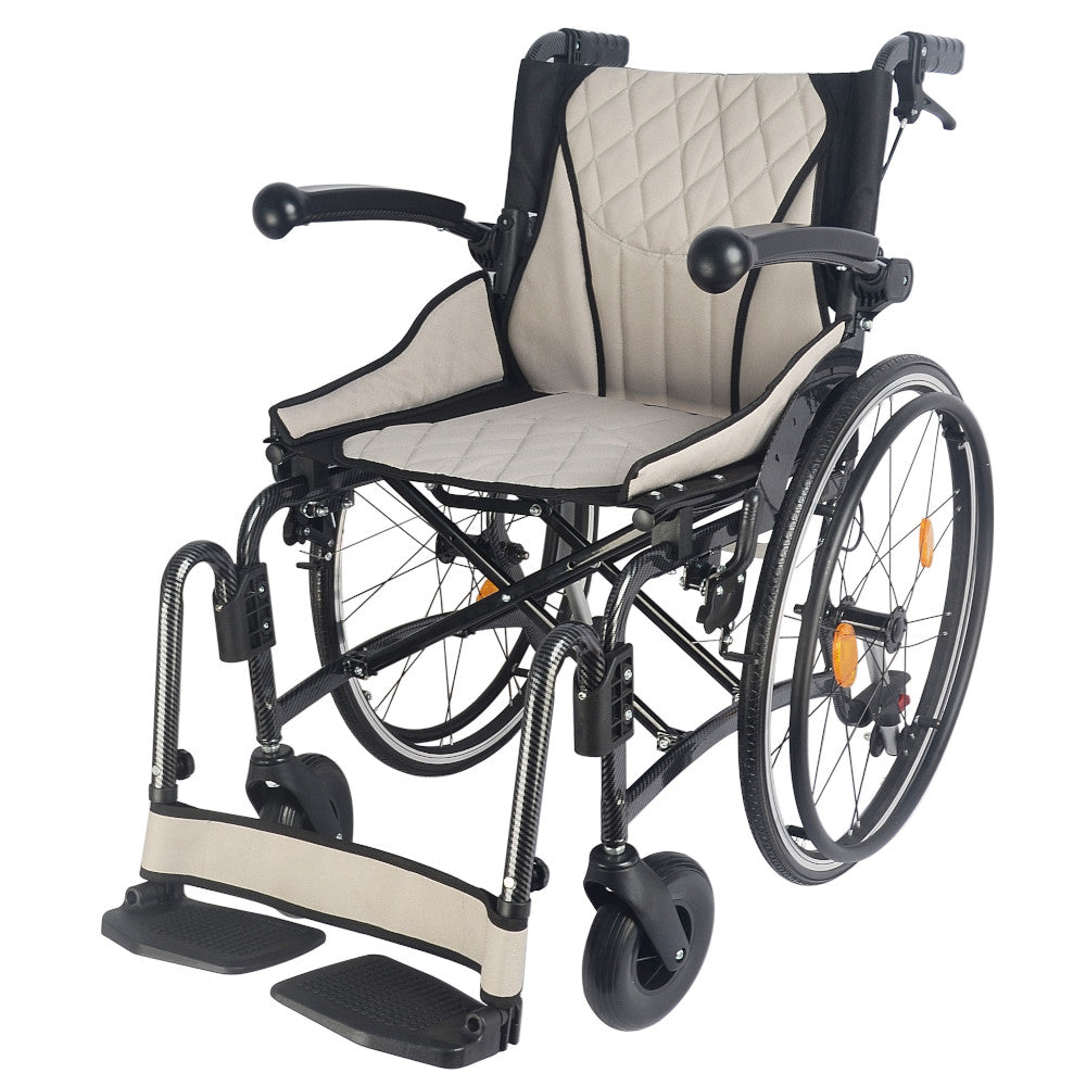 Lättvikt rullstol modell 5326 i svart och beige kombination med hopfällbar aluminiumram och stora bakhjul
