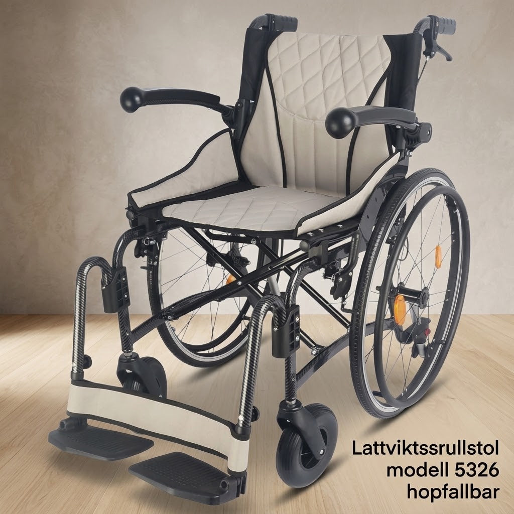 Lättviktsrullstol modell 5326 – hopfällbar, manuell rullstol med aluminiumram, designad för inomhus och utomhus.