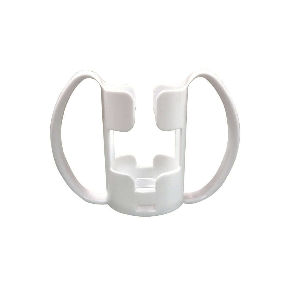 Mugghållare med två handtag, vit hållare med två handtag, designad för stabilt grepp av muggar eller glas.