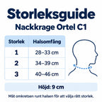 Storleksguide för Nackkrage Ortel C1 med storlekar och halsomfång.