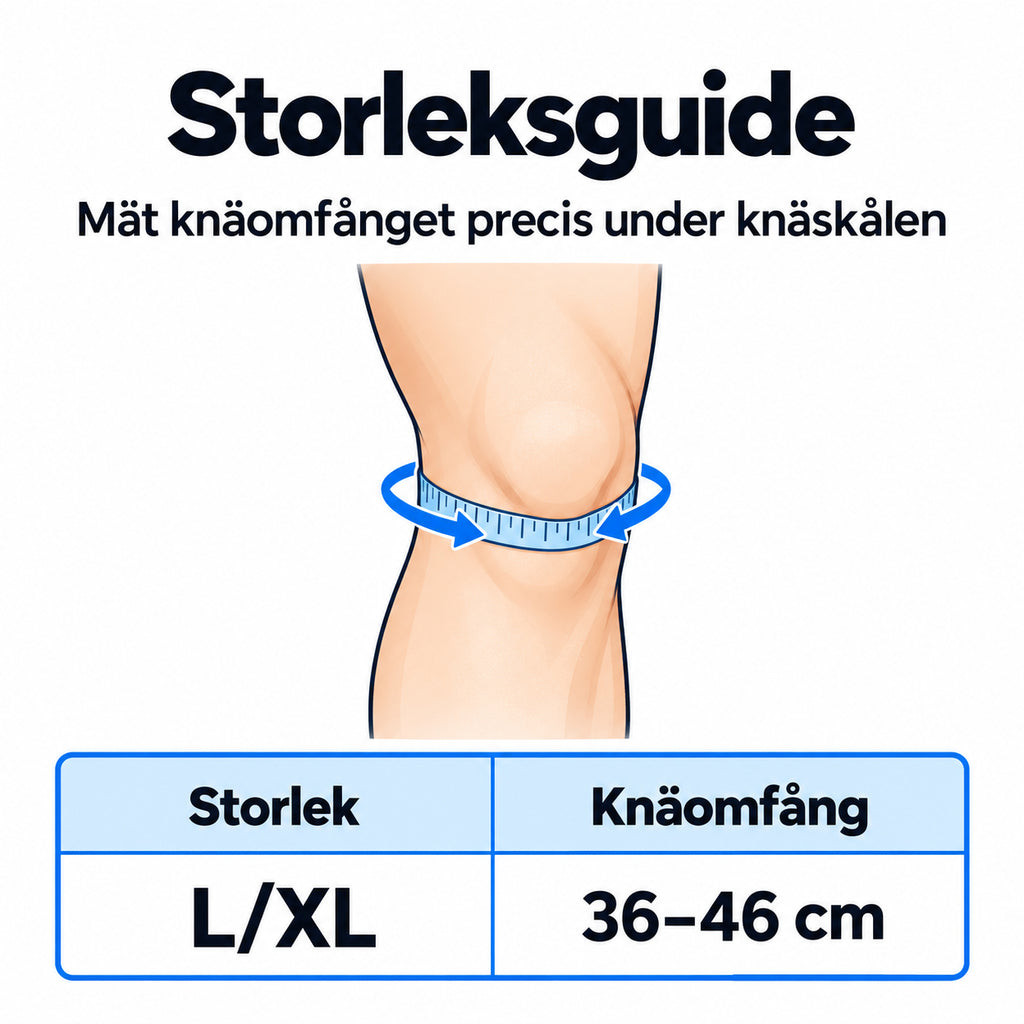 Storleksguide för Patellastöd med silikonpelott, knäomfång L/XL, 36-46 cm.