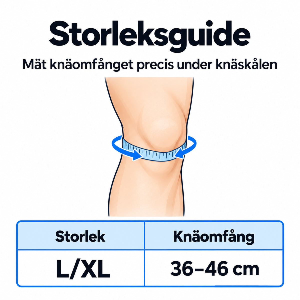 Storleksguide för Patellastöd med silikonpelott, knäomfång L/XL, 36-46 cm.