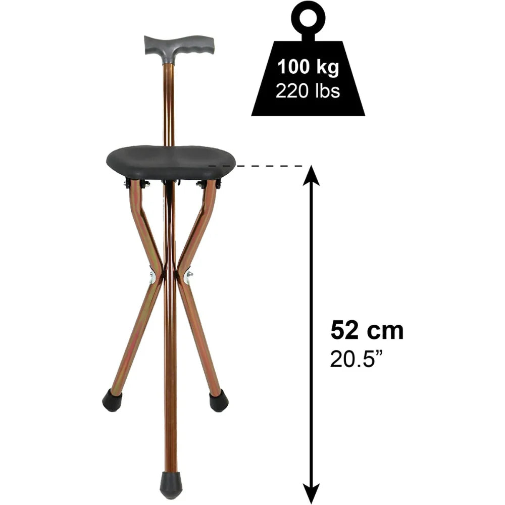 Justerbar promenadkäpp med sits, viktkapacitet 100 kg, höjd 52 cm, lätt design för bekväm användning.