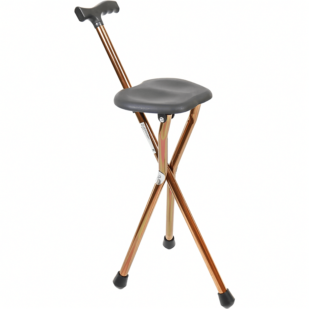 Justerbar promenadkäpp med sits i bronsfärgad aluminium, utrustad med utfällbar sits för extra komfort.