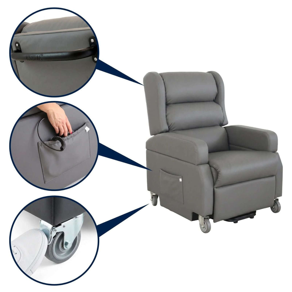 Recliner lyftfåtölj med hjul, illustrerad med detaljer som handtag, ficka och hjul.