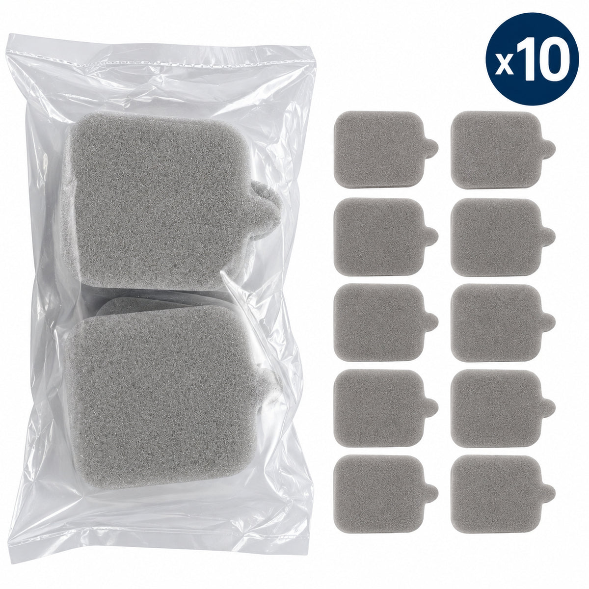 Reservsvamp till krämapplicator 10-pack med förpackning och tio grå utbytbara svampdynor.