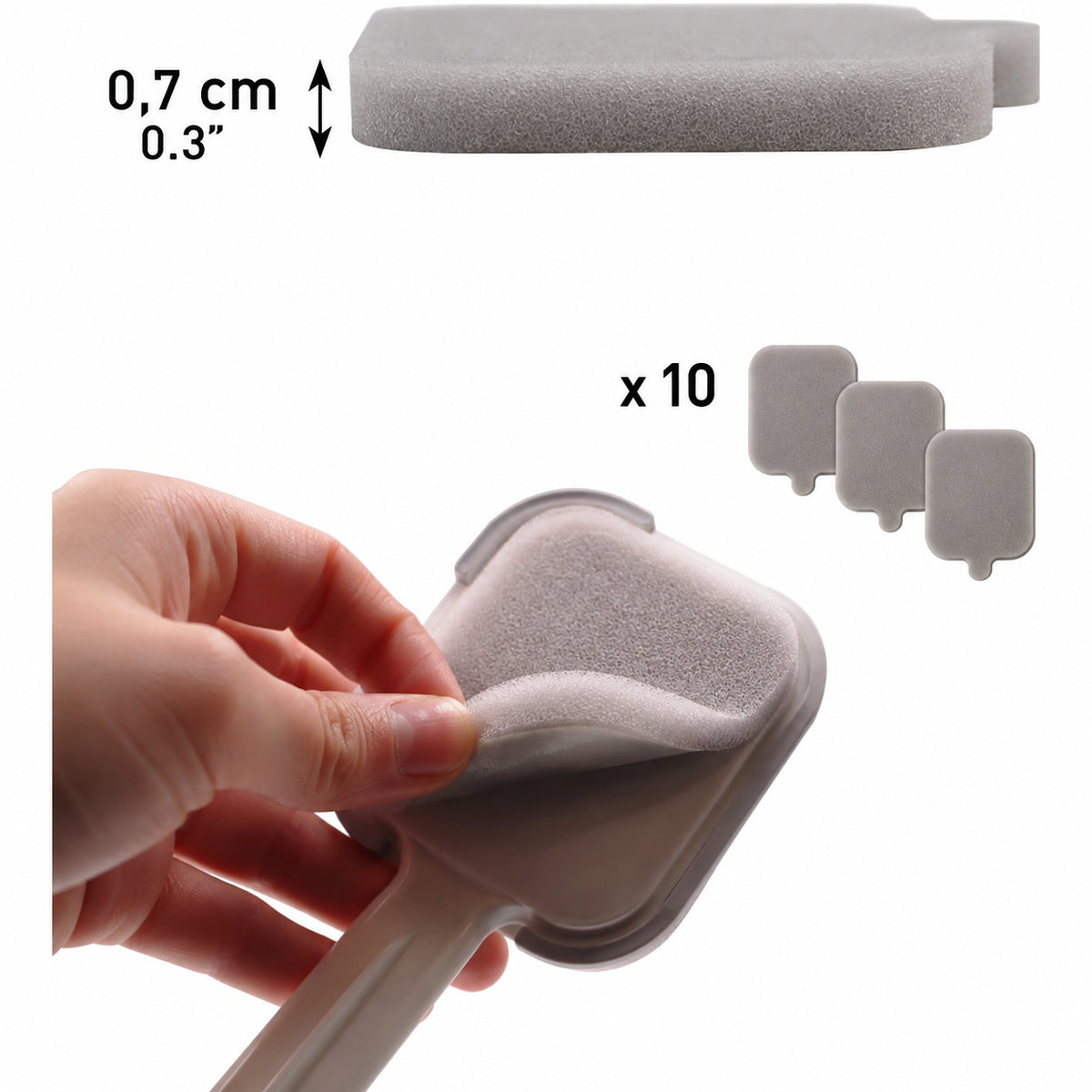 Reservsvamp till krämapplicator 10-pack med grå svampdynor, 0,7 cm tjocklek och avtagbar konstruktion.