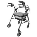 Rullator lätt är en fyrhjulig gånghjälpmedel med ergonomiska handtag och en sittdyna av grått tyg.