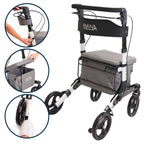 Rullator med shoppingväska med fyra massiva hjul, sits, ryggstöd och justerbara handtag för ökad komfort.