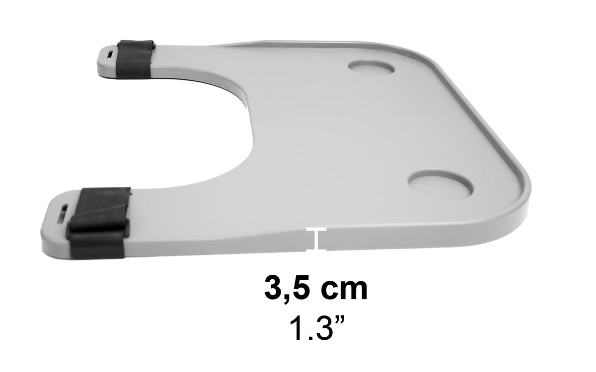 Rullstolsbricka med mugghållare, grå ABS-plast, perfekt för rullstolen, integrerade mugghållare, mått 3,5 cm.