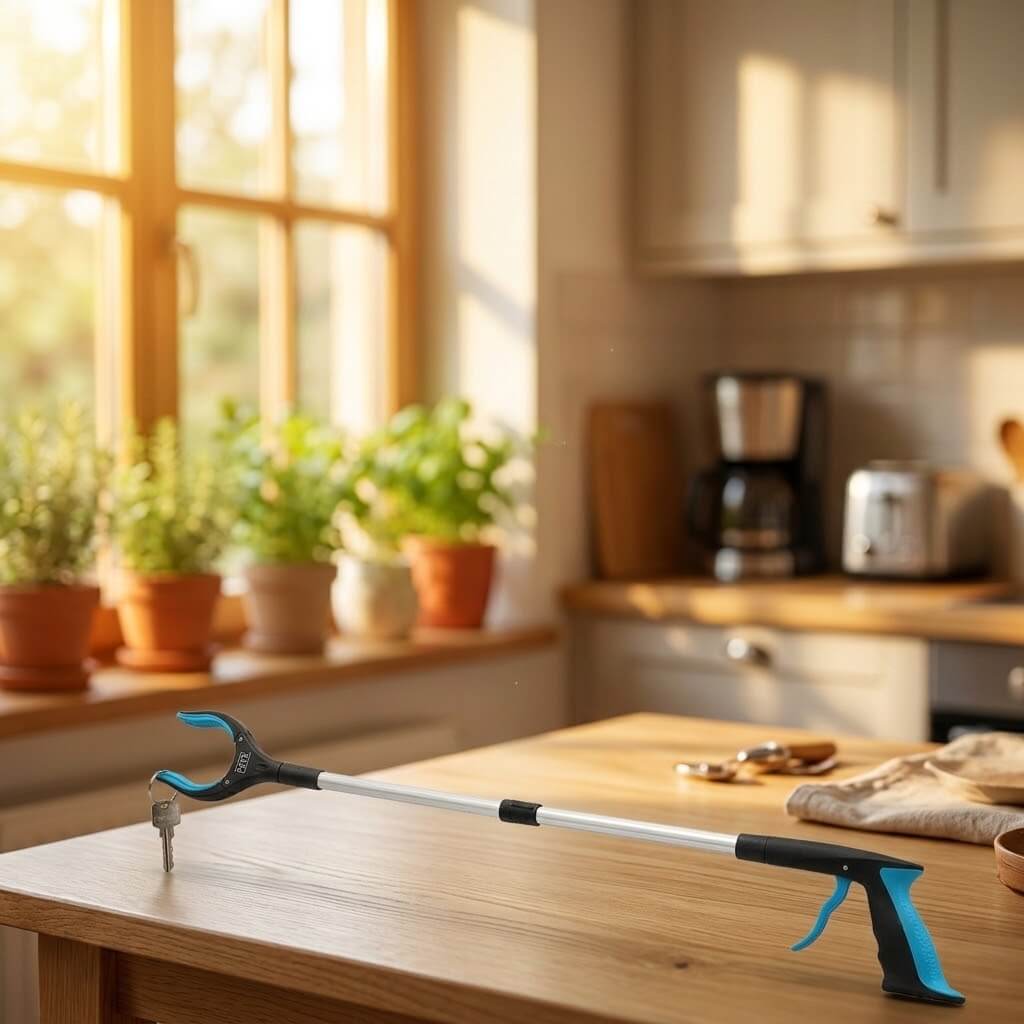 Griptång fällbar med magnet placerad på ett köksbord med soligt fönster i bakgrunden.