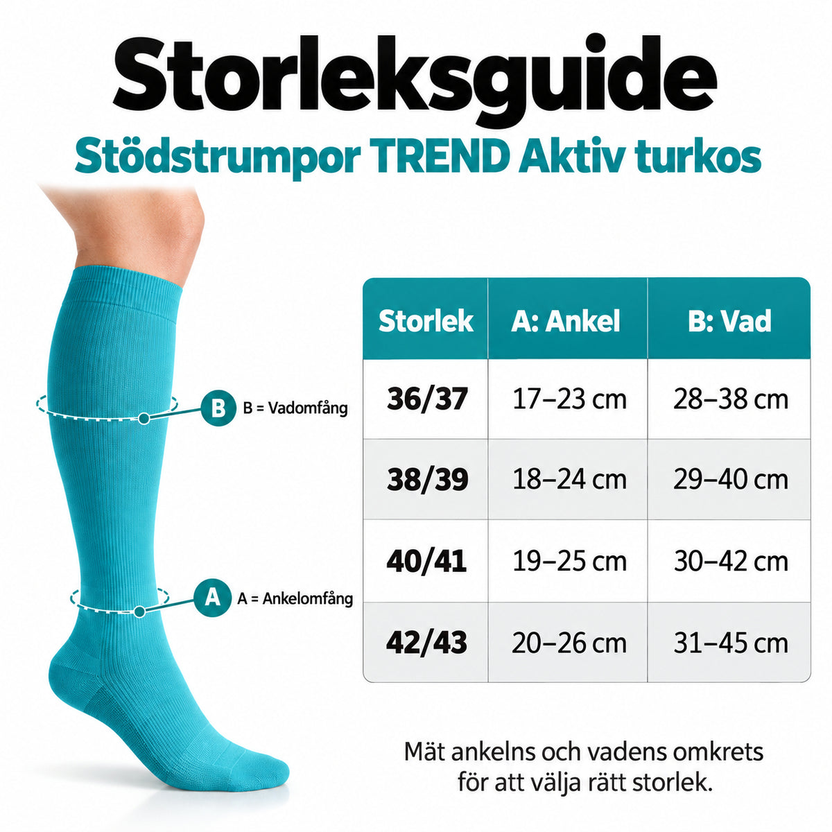Storleksguide för Stödstrumpor TREND Aktiv turkos med mått för ankel och vad.