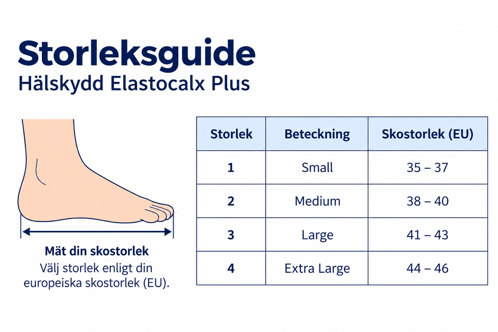 Storleksguide för Hälskydd Elastocalx Plus med storlekstabell och fotillustration.