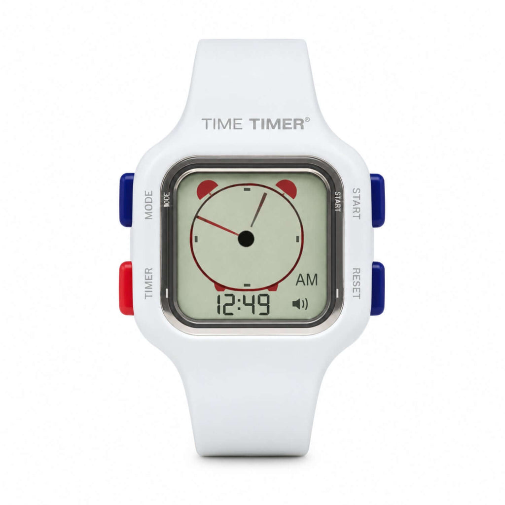 Time Timer klocka för barn – visuell timer med färgad tidsvisning och justerbart armband.