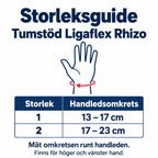 Storleksguide för Tumstöd Ligaflex Rhizo med mått för handleder.