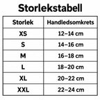 Storlekstabell för tumstöd med skena med angivna mått i cm.