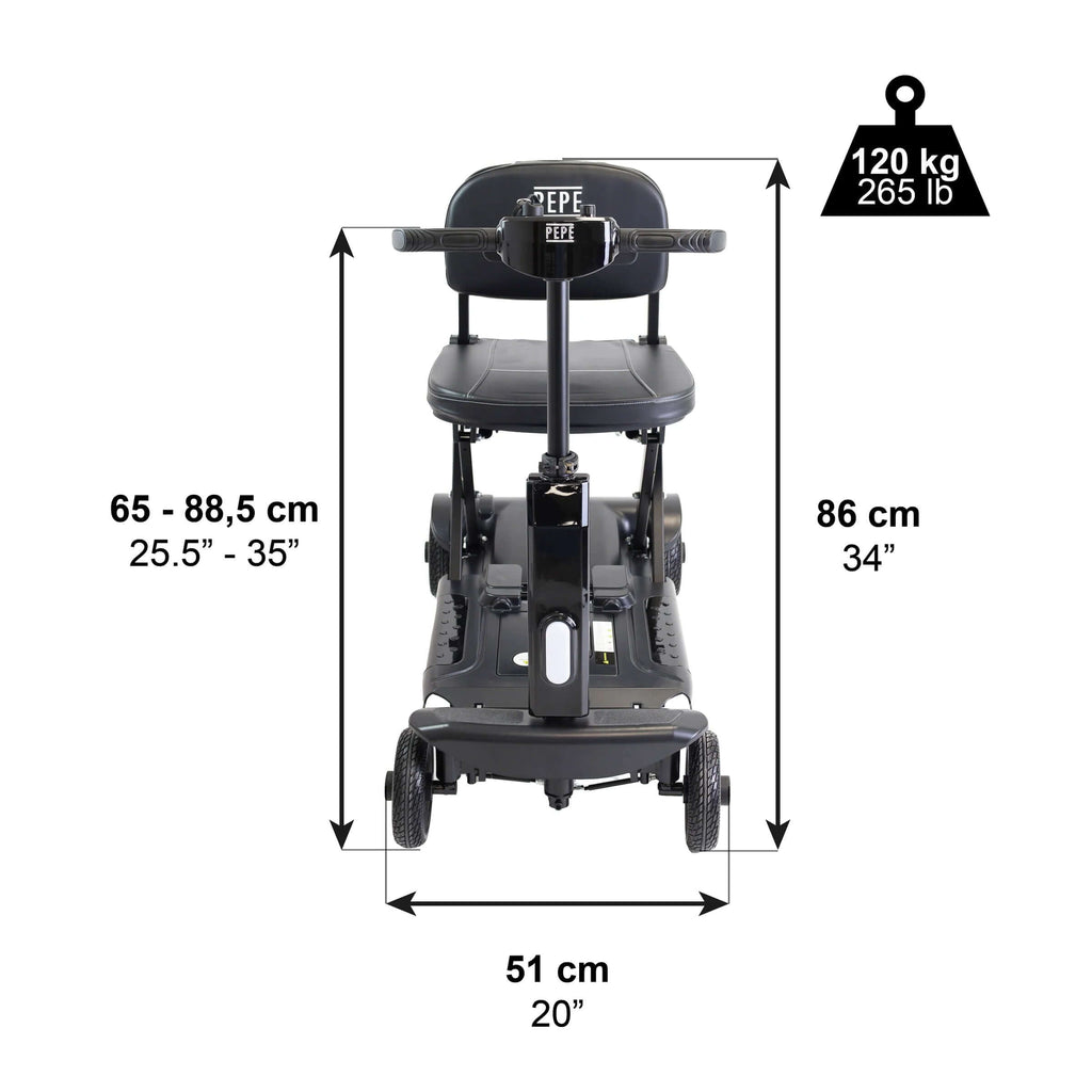 Vikbar promenadskoter vuxen PEPE svart med mått och viktinformation, 120 kg maximal användarvikt.